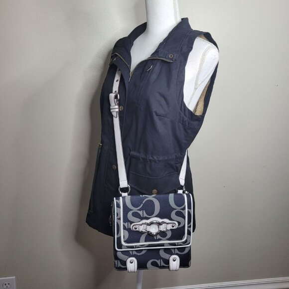 Sophia Caperelli Large Crossbody Shoulder Bag Blue White Pockets Magnet Purse - Picture 1 of 14